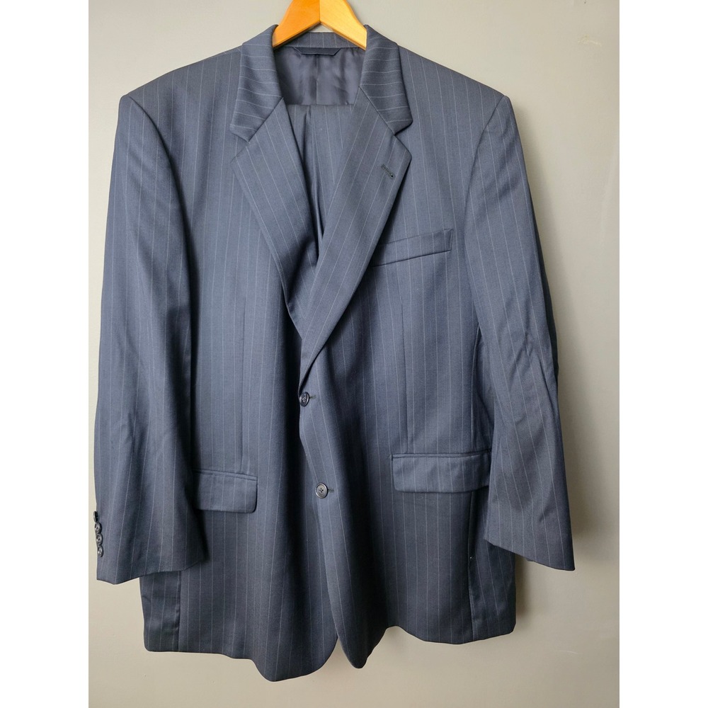 Burberry Mens Wool Pinstripe Suit Navy Blue Union Made 2 Piece Blazer Pants Flaw